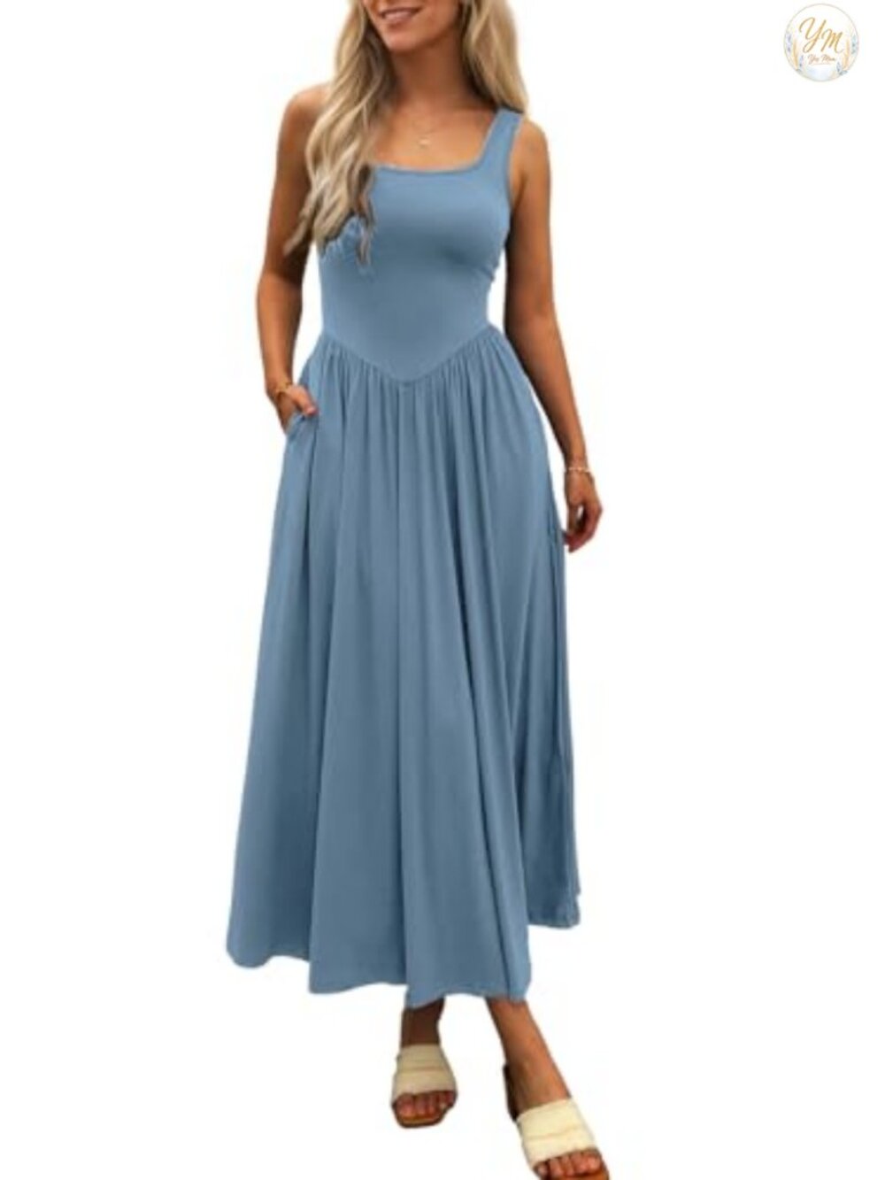Womens Sleeveless Square Neck Maxi Dress with Pockets Flowy Summer Casual
